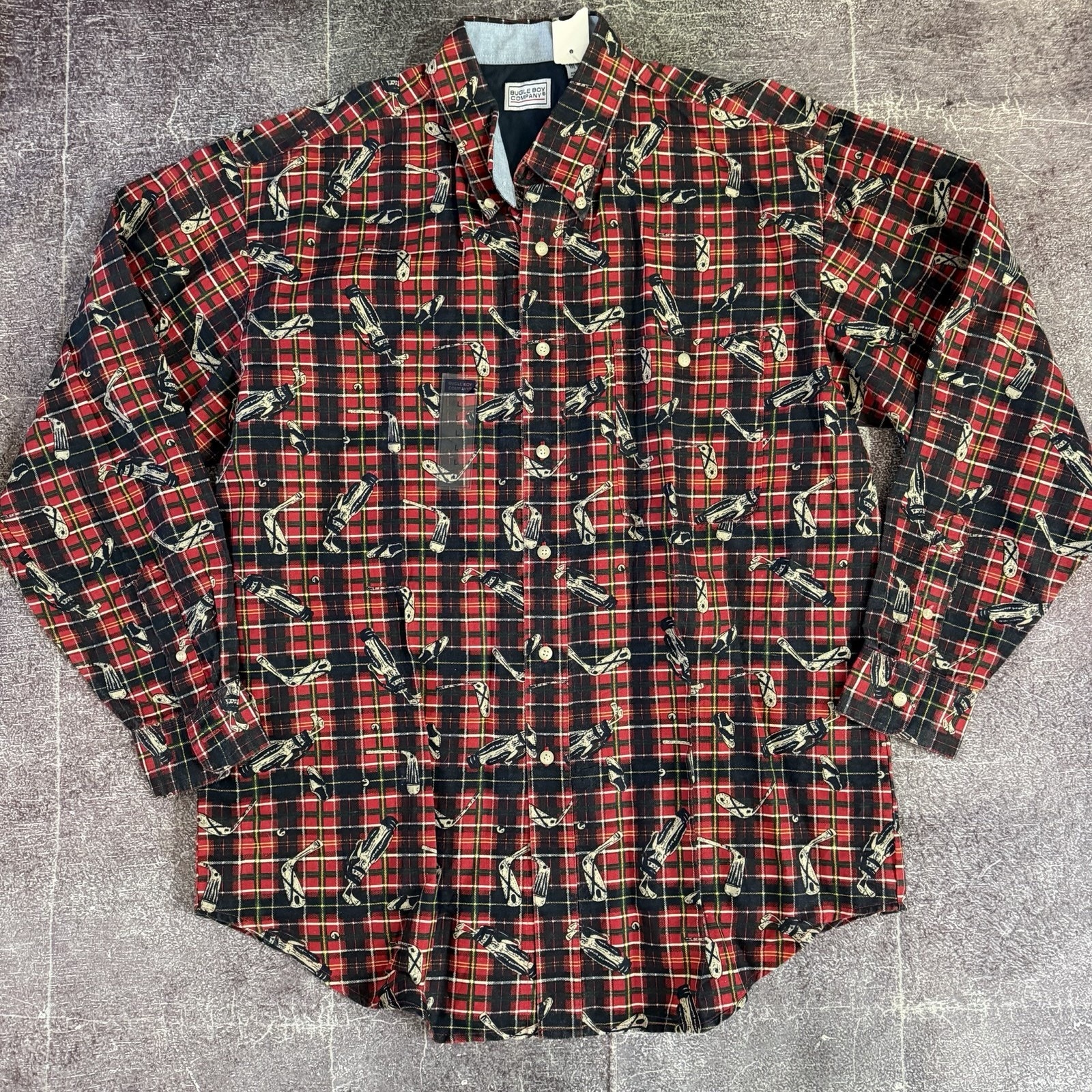Nwt Men's Vintage 90s Buffalo Plaid Golf Club All Over Print Button Up Polo Sz L